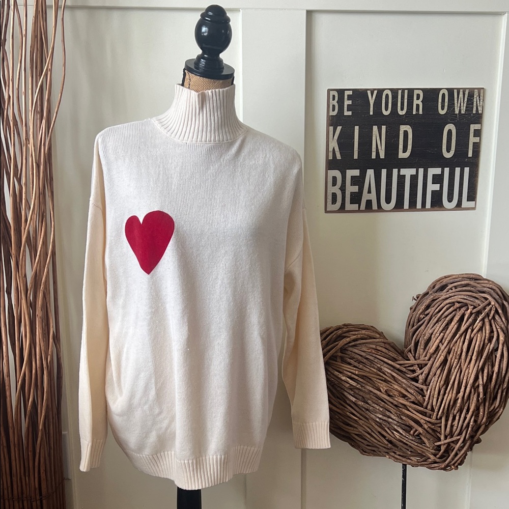 SHEIN Cream Turtleneck Sweater with Red Heart